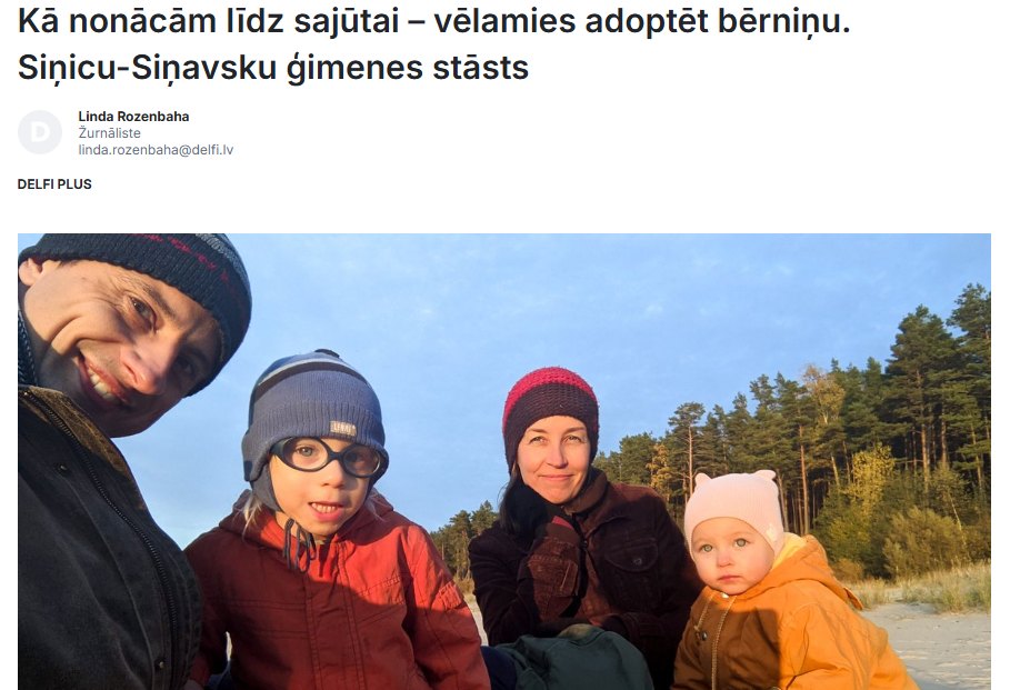 Raksts “Kā nonācām līdz sajūtai – vēlamies adoptēt bērniņu. Siņicu-Siņavsku ģimenes stāsts” portālā “Delfi”