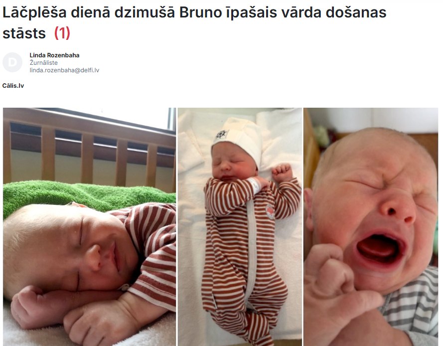 Raksts “Lāčplēša dienā dzimušā Bruno īpašais vārda došanas stāsts” portālā “Delfi”