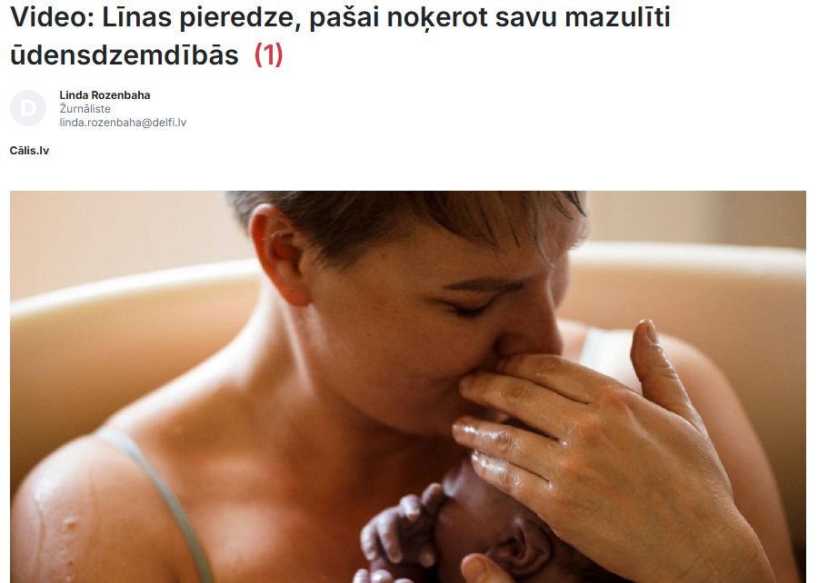 Raksts “Video: Līnas pieredze, pašai noķerot savu mazulīti ūdensdzemdībās” portālā “Delfi”