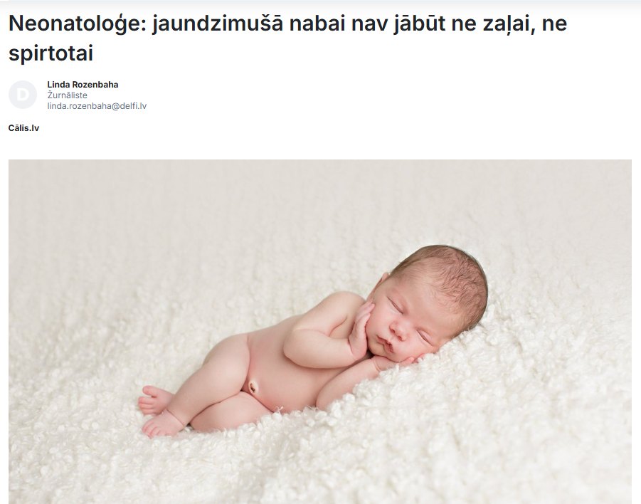 Raksts “Neonatoloģe: jaundzimušā nabai nav jābūt ne zaļai, ne spirtotai” portālā “Delfi”