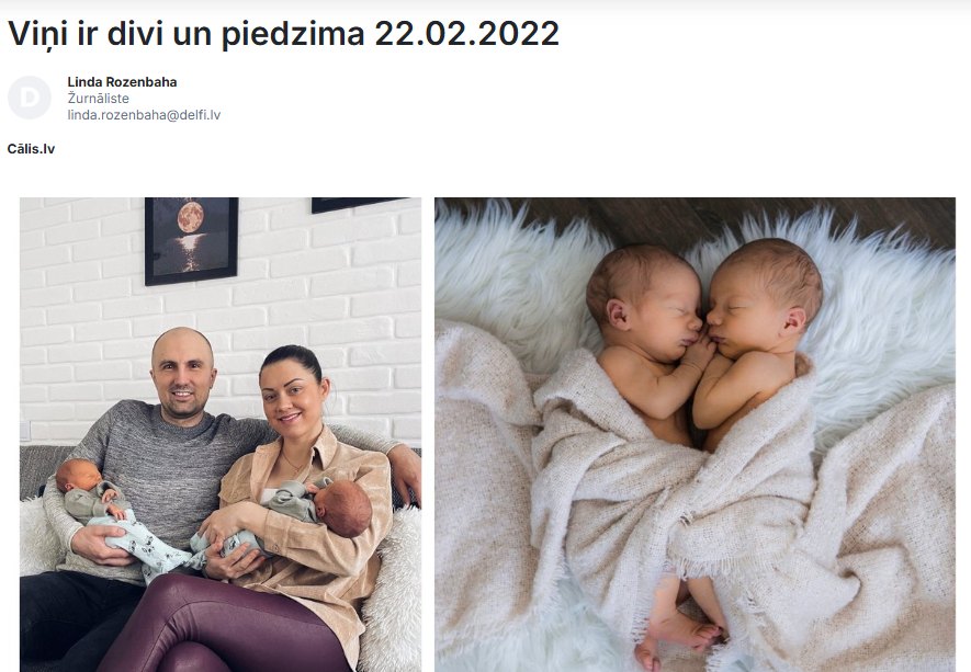 Raksts “Viņi ir divi un piedzima 22.02.2022” portālā “Delfi”